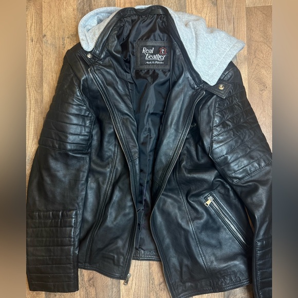 Black leather jacket with zip-on hood - Picture 1 of 10